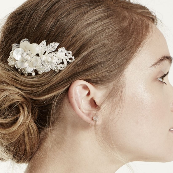 David's Bridal Mother of Pearl Mixed Media Flower Hair Comb STYLE# C9079 - Picture 5 of 11